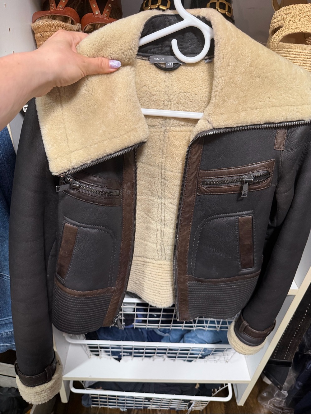 Vince Dark Brown Leather Bomber with Cream Shearling